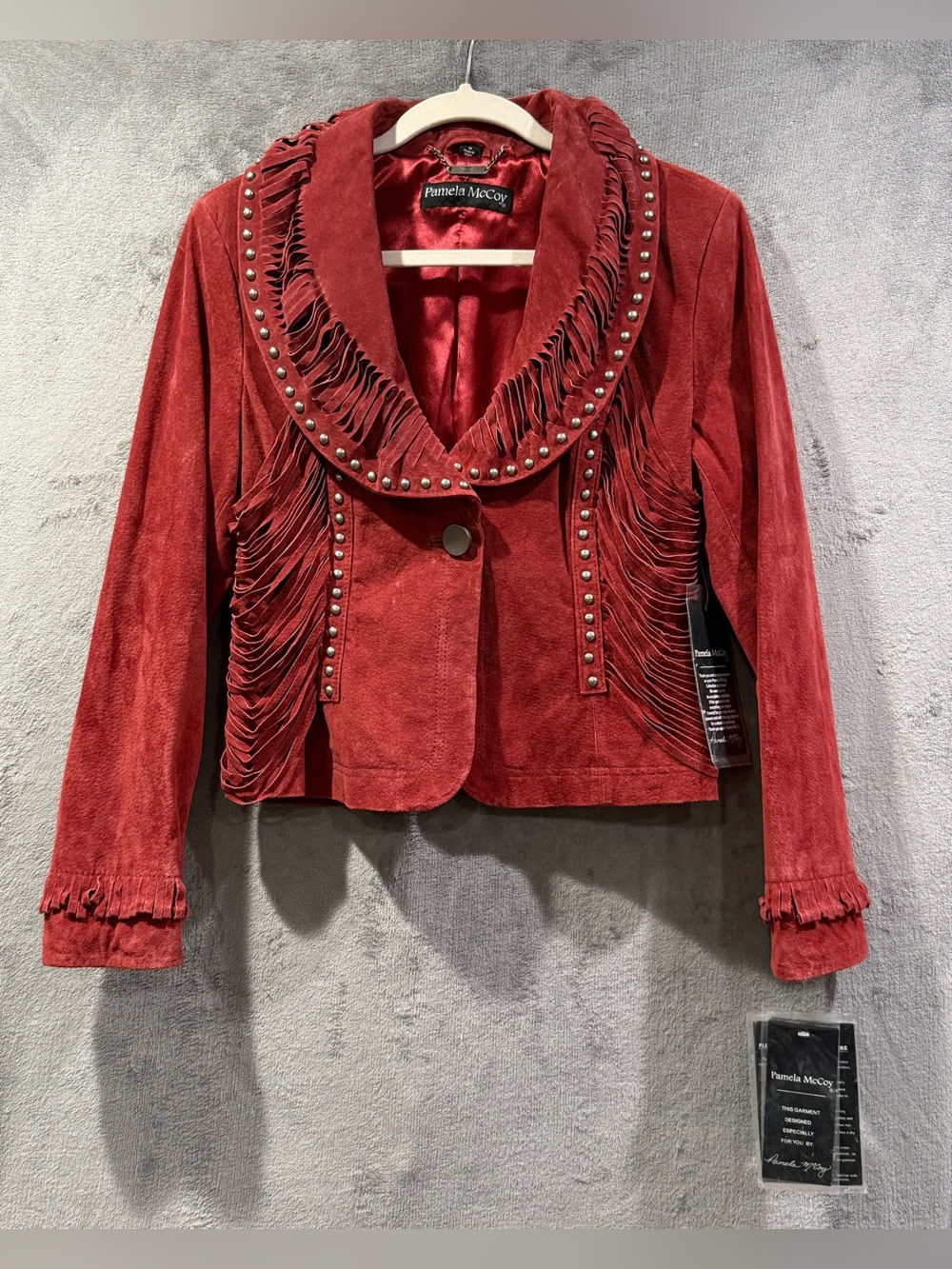Pamela McCoy Western Rust Red Leather Fringe Jacket Size M Stud Embellished Boho